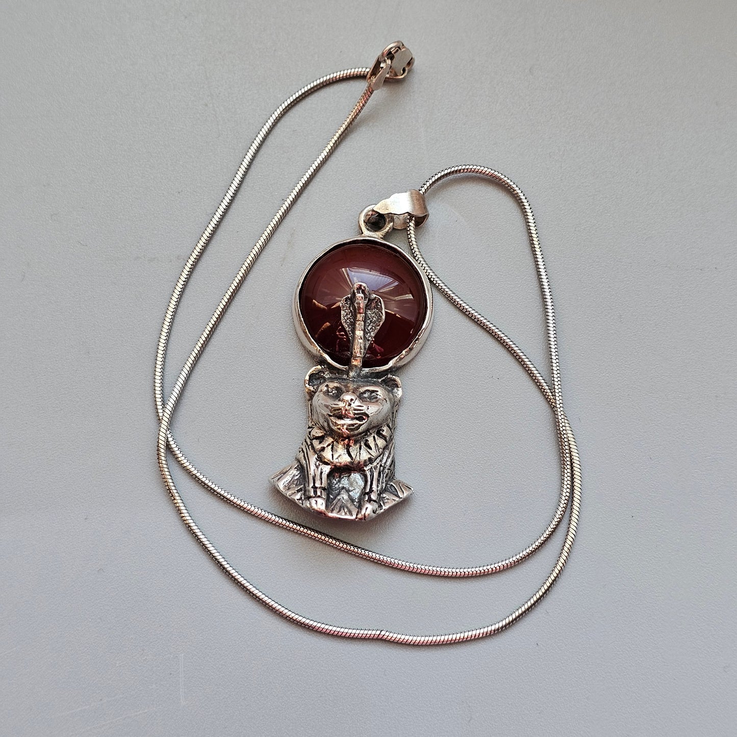 Vintage 1990s Sterling Silver Egyptian Revival Sekhmet Pendant with Carnelian Agate