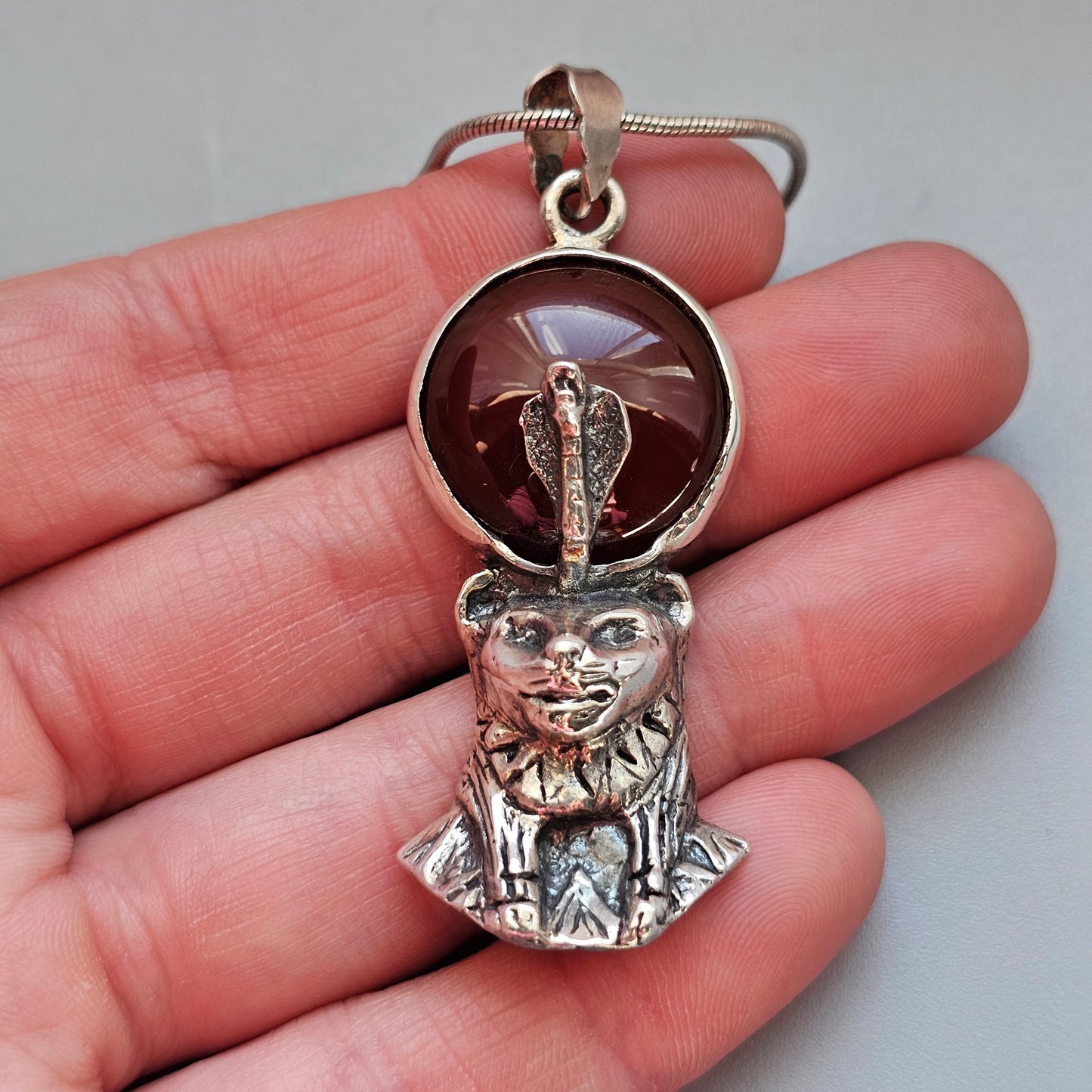 Vintage 1990s Sterling Silver Egyptian Revival Sekhmet Pendant with Carnelian Agate
