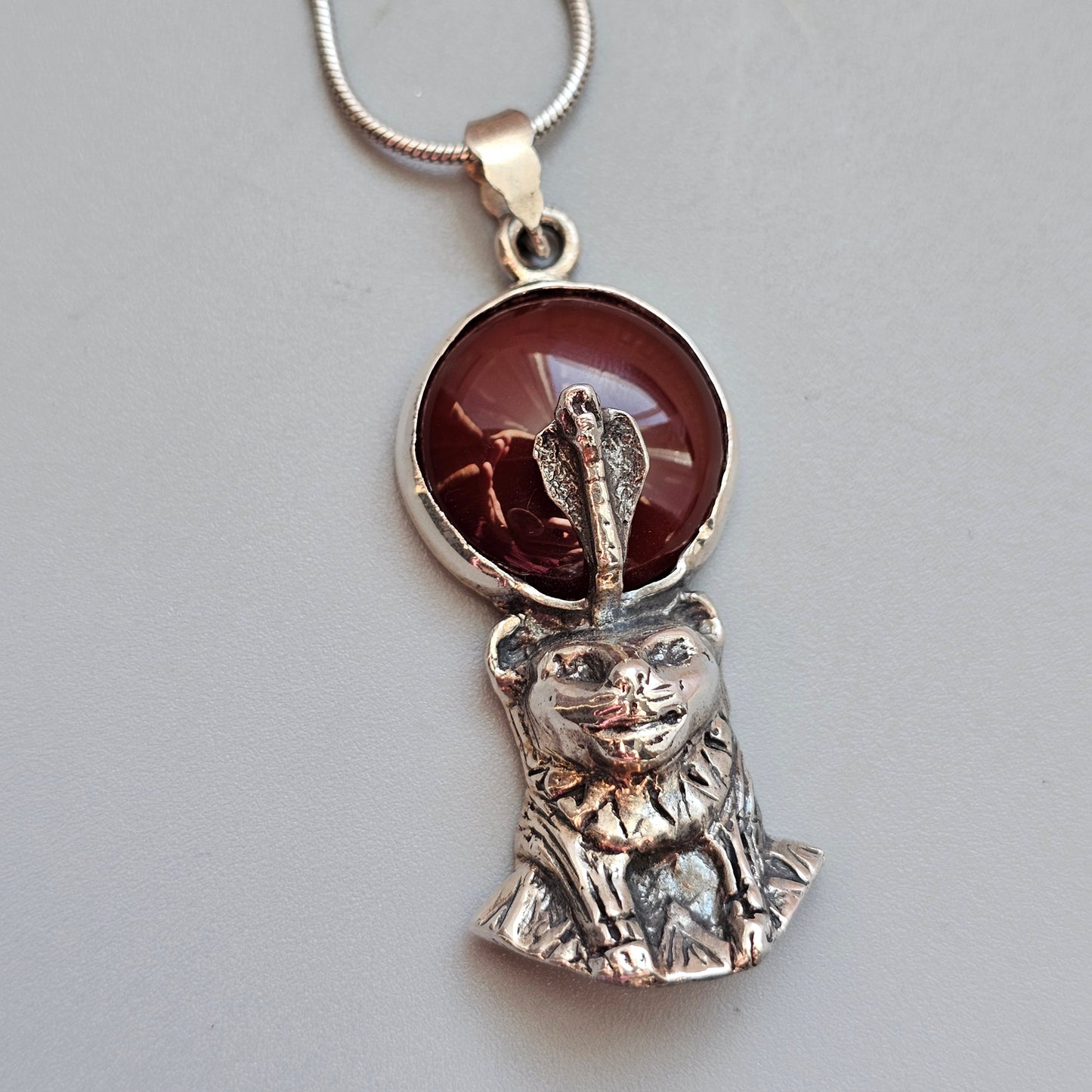 Vintage 1990s Sterling Silver Egyptian Revival Sekhmet Pendant with Carnelian Agate