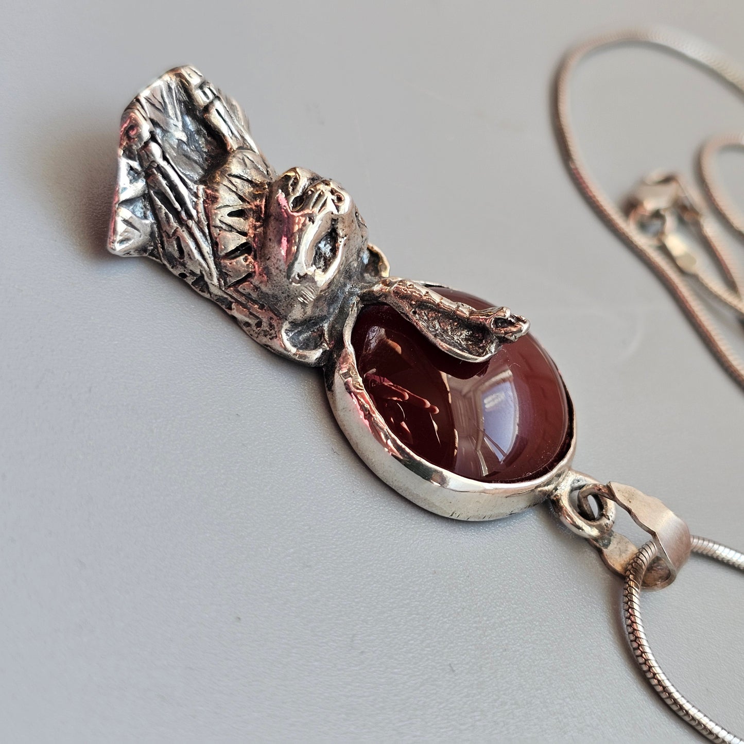 Vintage 1990s Sterling Silver Egyptian Revival Sekhmet Pendant with Carnelian Agate