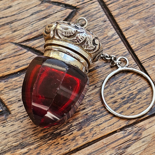 Victorian Ruby Glass Acorn Vinaigrette – Silver-Mounted Miniature Scent Holder with Chatelaine Ring, c.1860s-1880s