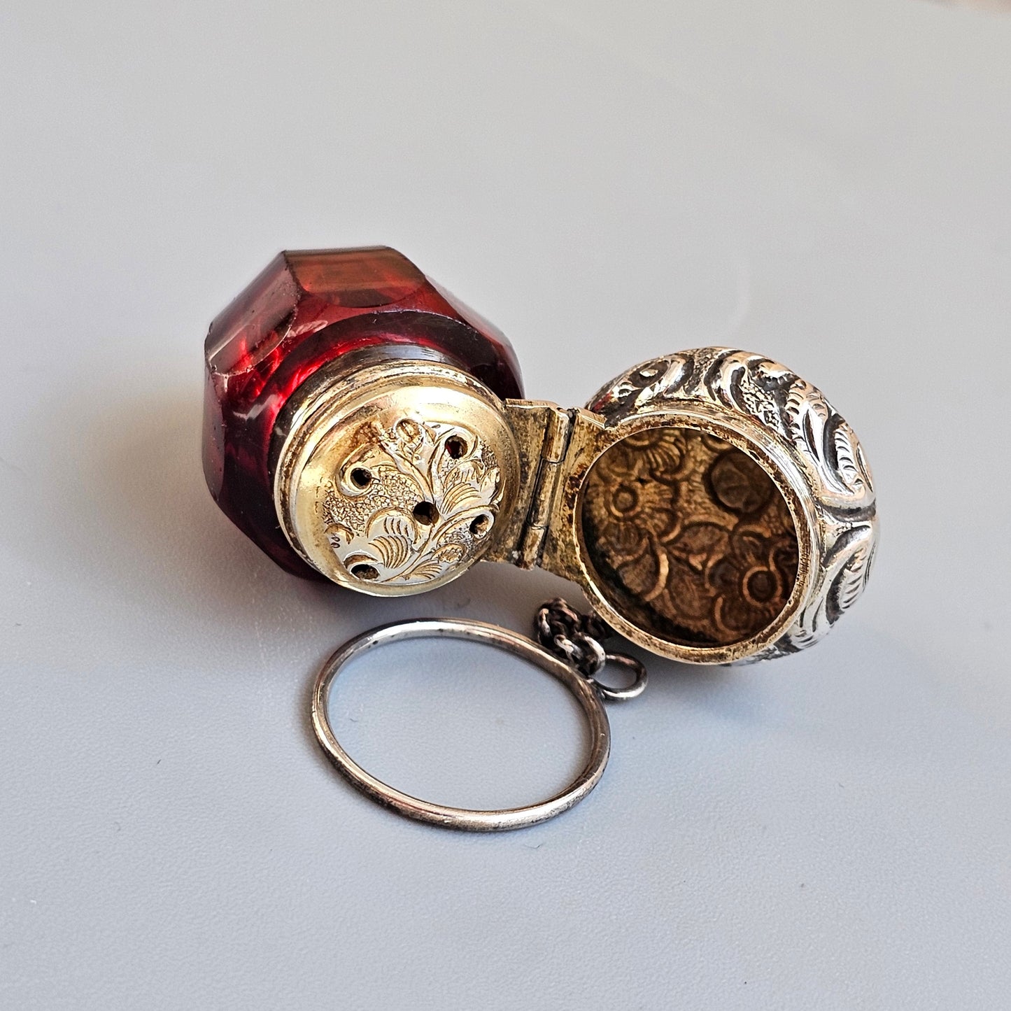 Victorian Ruby Glass Acorn Vinaigrette – Silver-Mounted Miniature Scent Holder with Chatelaine Ring, c.1860s-1880s
