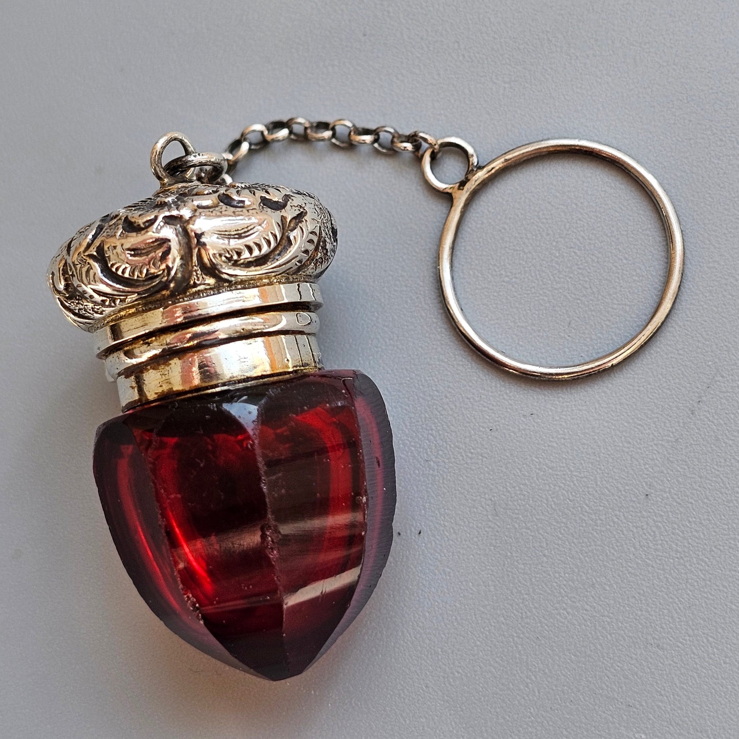 Victorian Ruby Glass Acorn Vinaigrette – Silver-Mounted Miniature Scent Holder with Chatelaine Ring, c.1860s-1880s