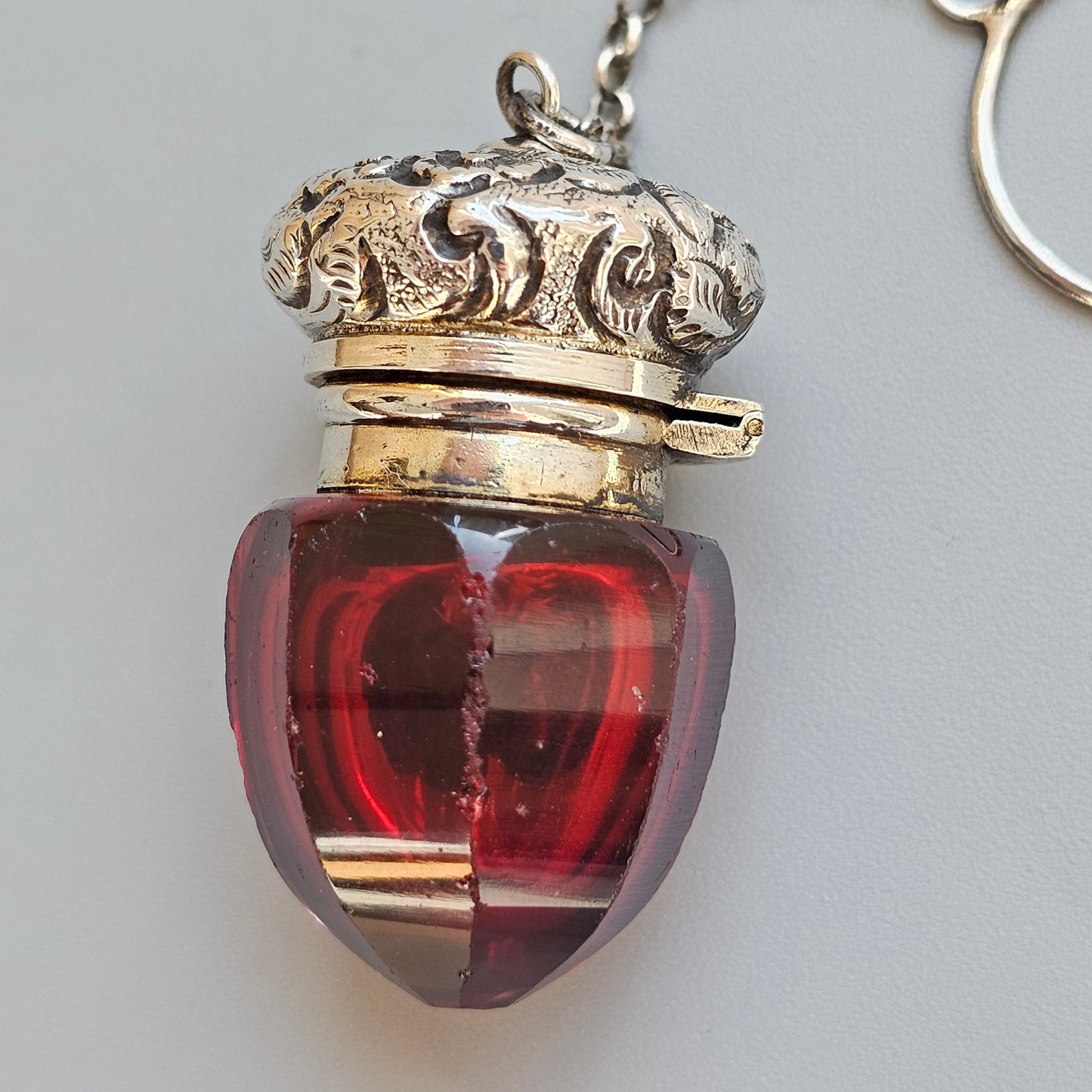 Victorian Ruby Glass Acorn Vinaigrette – Silver-Mounted Miniature Scent Holder with Chatelaine Ring, c.1860s-1880s