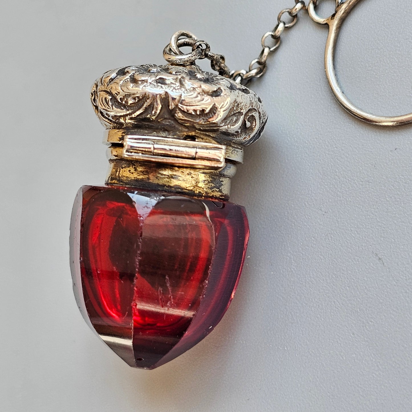 Victorian Ruby Glass Acorn Vinaigrette – Silver-Mounted Miniature Scent Holder with Chatelaine Ring, c.1860s-1880s