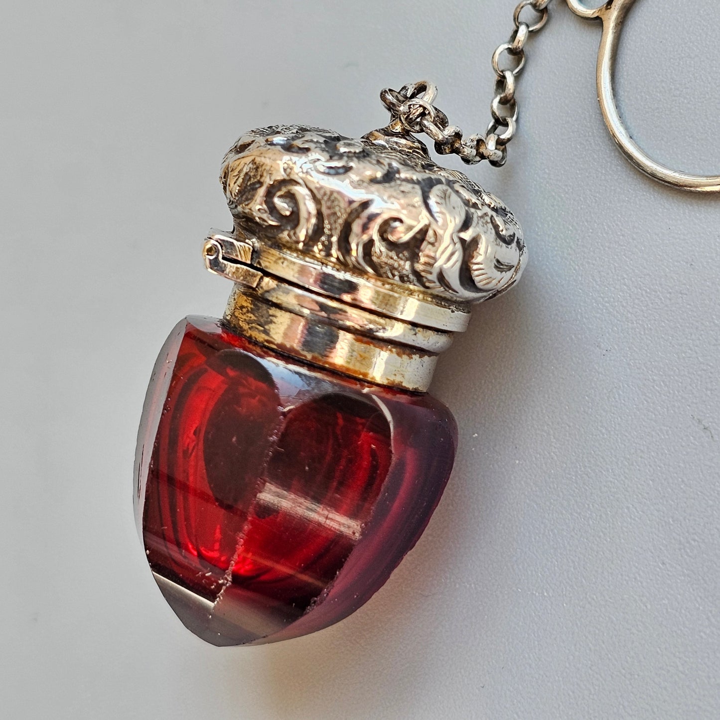 Victorian Ruby Glass Acorn Vinaigrette – Silver-Mounted Miniature Scent Holder with Chatelaine Ring, c.1860s-1880s