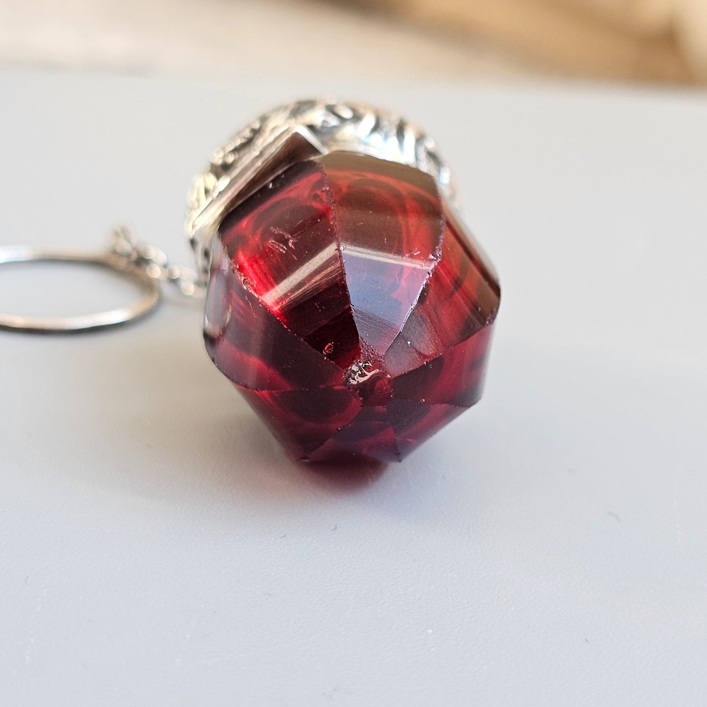 Victorian Ruby Glass Acorn Vinaigrette – Silver-Mounted Miniature Scent Holder with Chatelaine Ring, c.1860s-1880s