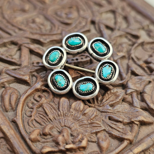 Small Vintage Native American Zuni Silver & Turquoise Brooch