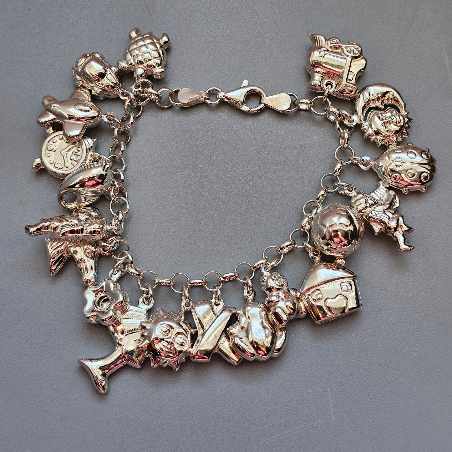 Vintage 1990s–2000s Hallmarked Sterling Silver Charm Bracelet with Hollow Silver Charms