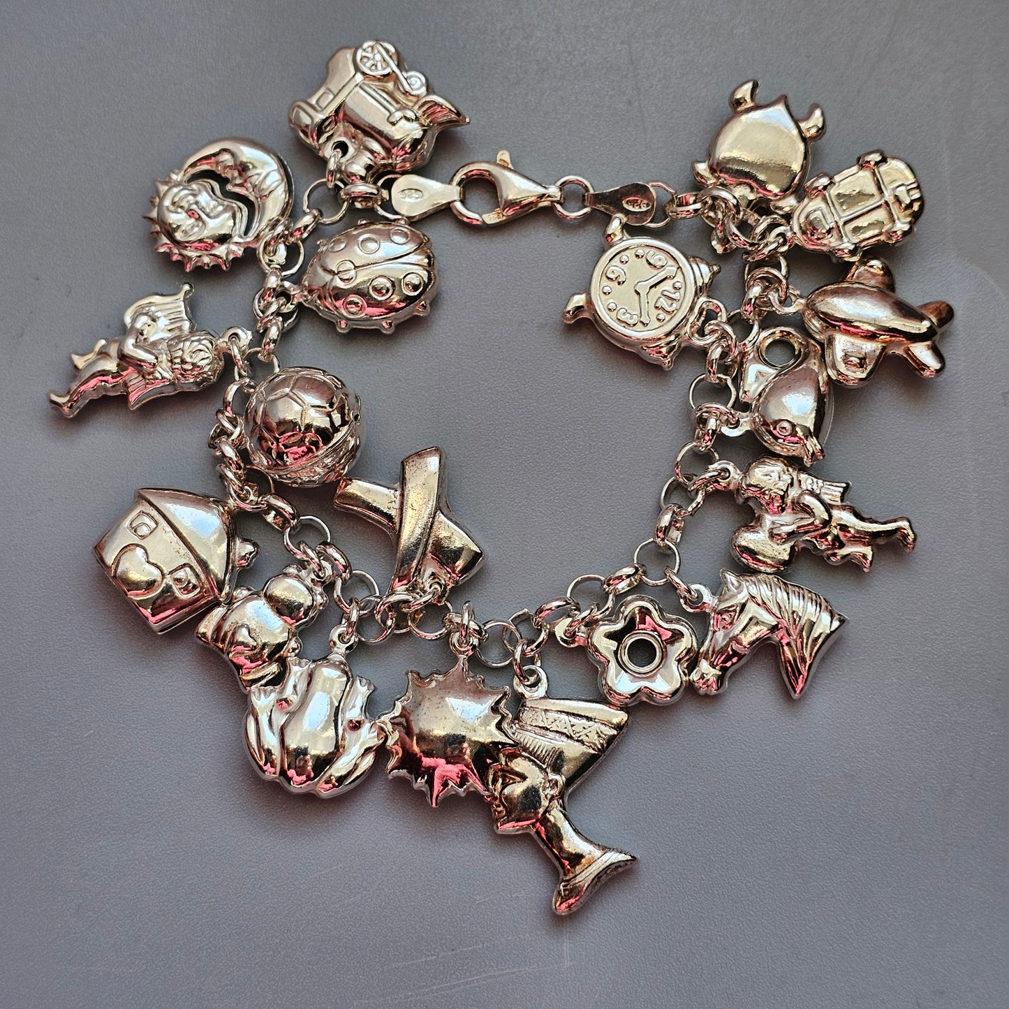 Vintage 1990s–2000s Hallmarked Sterling Silver Charm Bracelet with Hollow Silver Charms