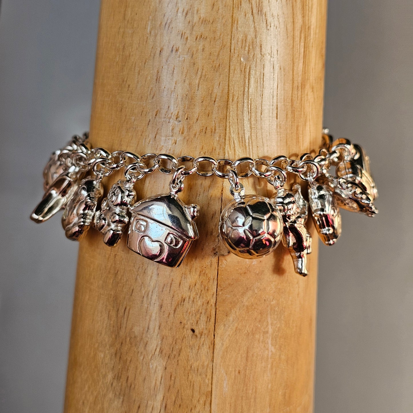 Vintage 1990s–2000s Hallmarked Sterling Silver Charm Bracelet with Hollow Silver Charms