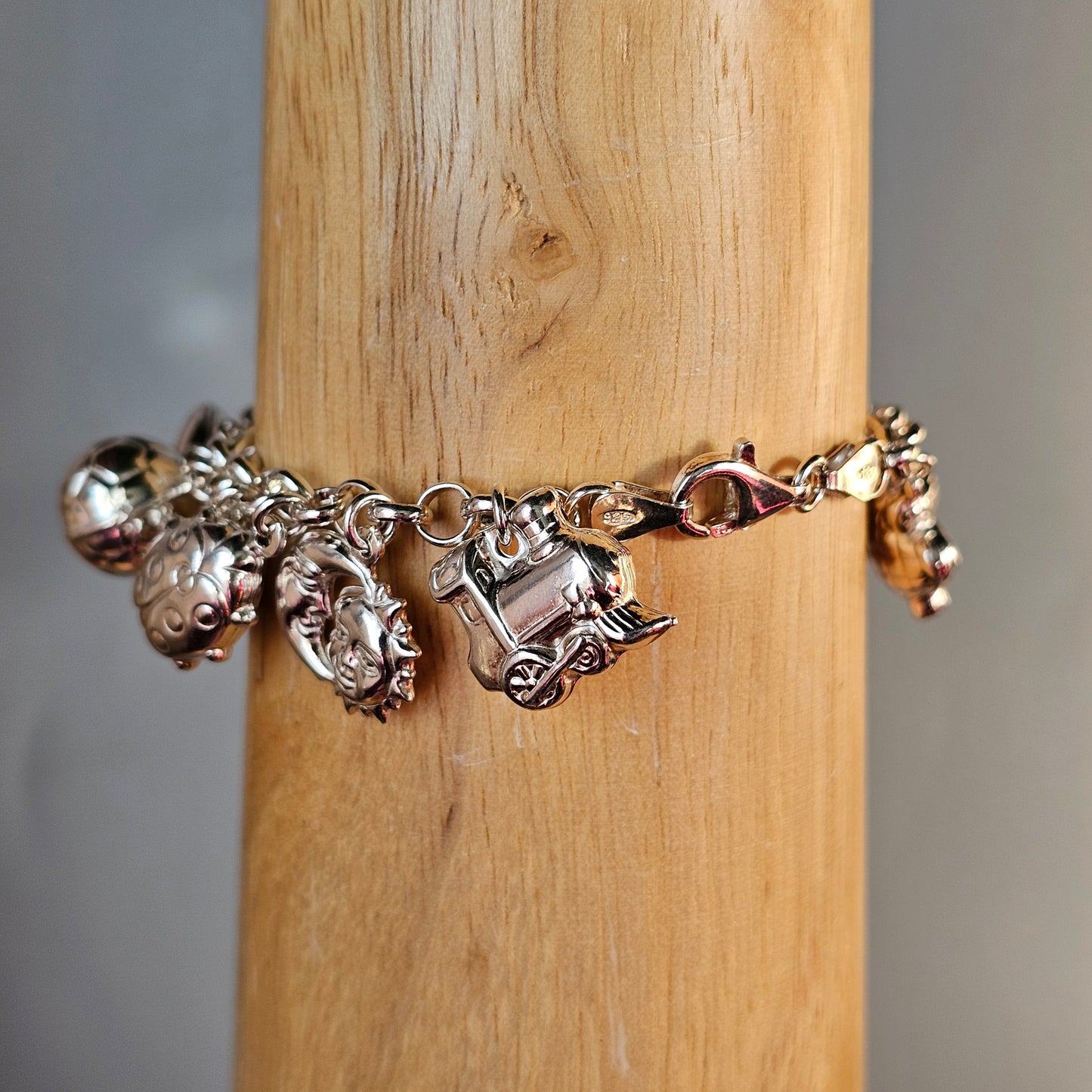 Vintage 1990s–2000s Hallmarked Sterling Silver Charm Bracelet with Hollow Silver Charms