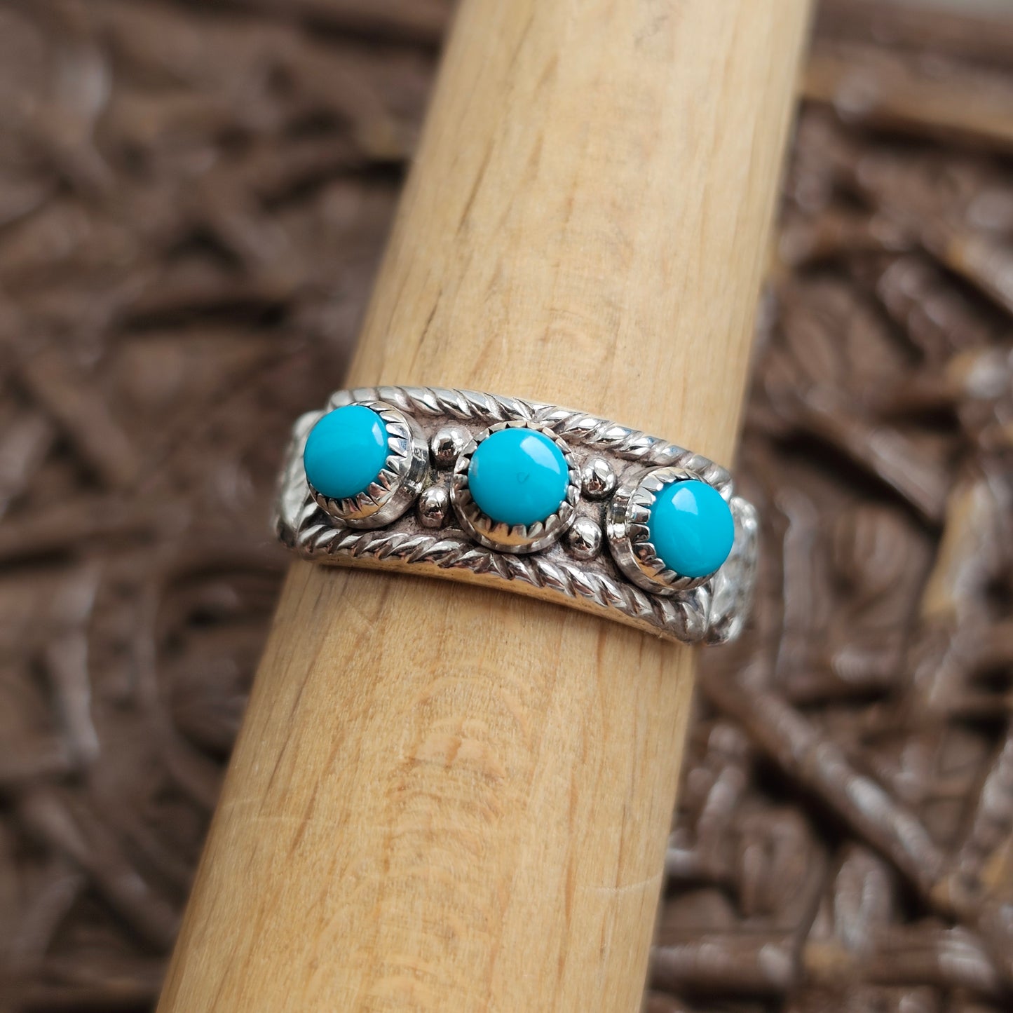 Vintage Navajo Sterling Silver Turquoise Three Stone Ring