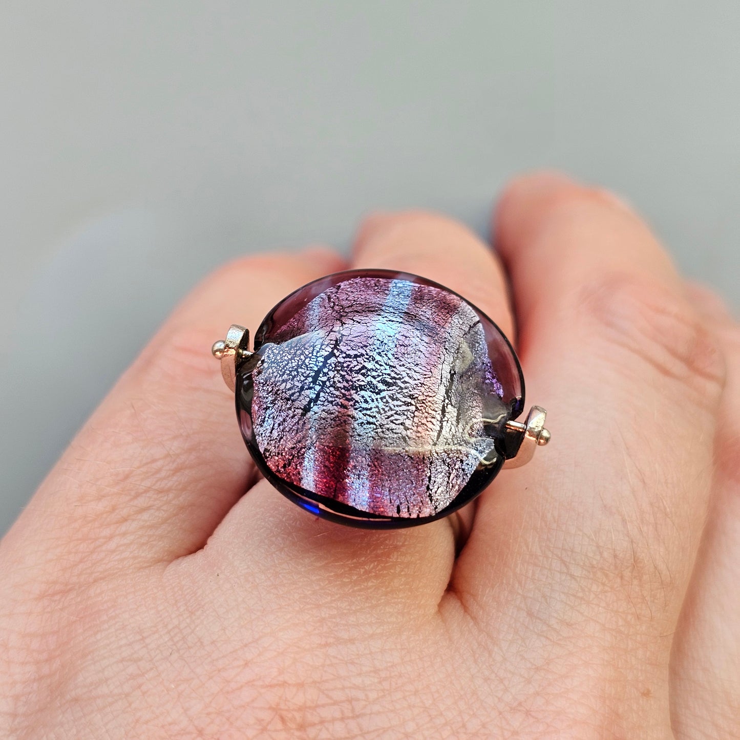 Vintage Italian Sterling Silver & Dichroic Glass Swivel Ring