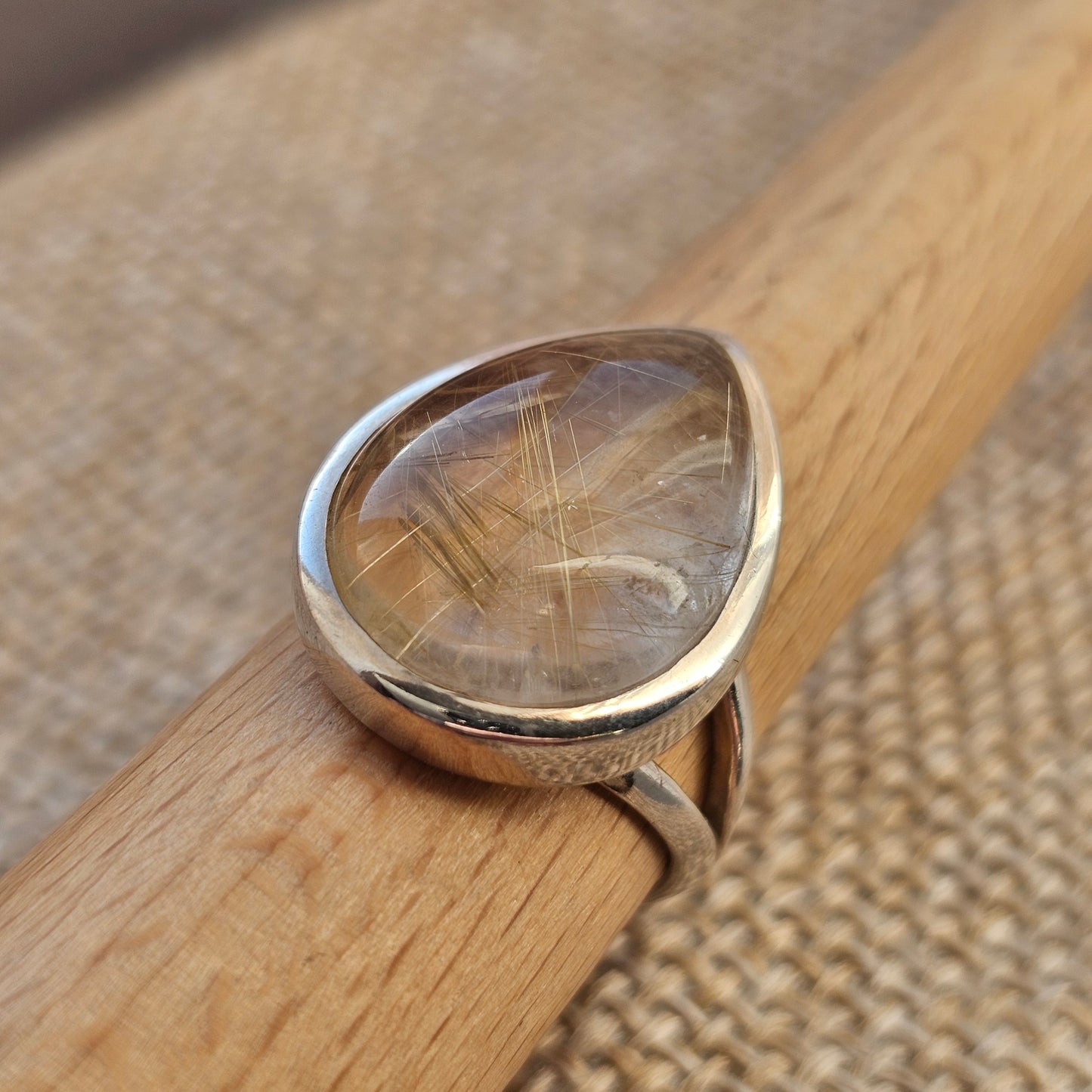 Sterling Silver & Tear Drop Angel Hair Rutilated Quartz Ring
