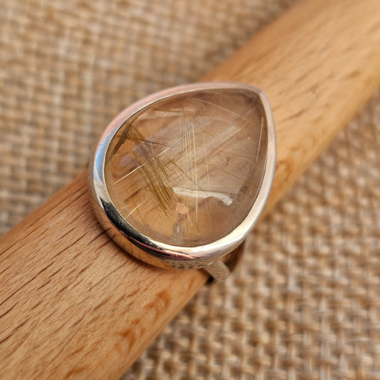 Sterling Silver & Tear Drop Angel Hair Rutilated Quartz Ring