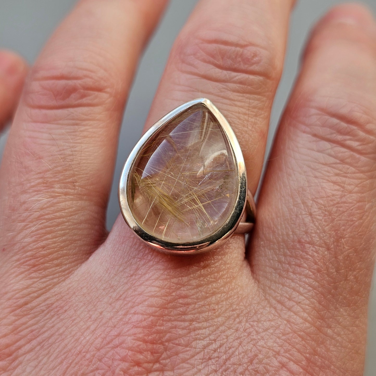 Sterling Silver & Tear Drop Angel Hair Rutilated Quartz Ring
