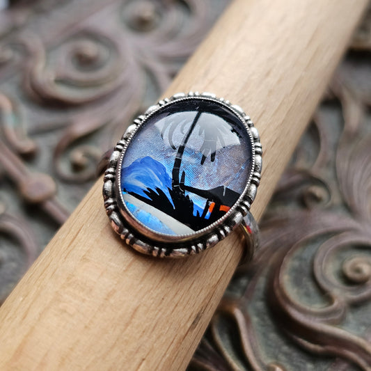 Vintage Sterling Silver Thomas Mott Painted Butterfly Wing Ring