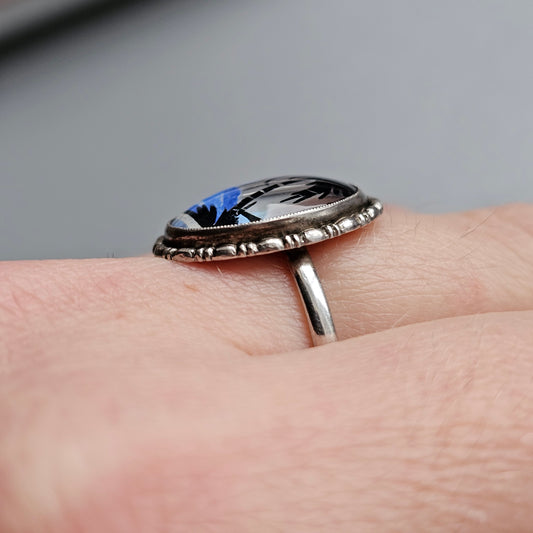 Vintage Sterling Silver Thomas Mott Painted Butterfly Wing Ring