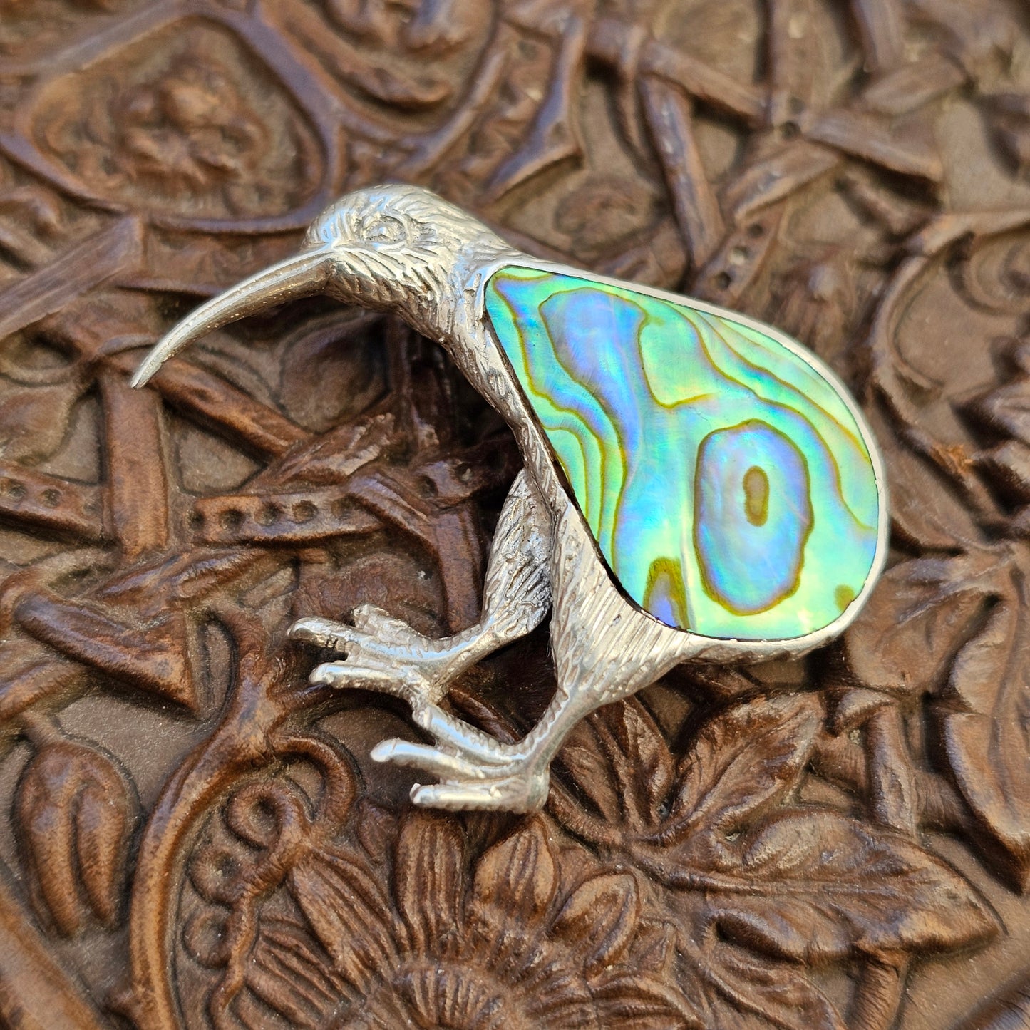 Vintage Silver & Paua Abalone Kiwi Bird Brooch