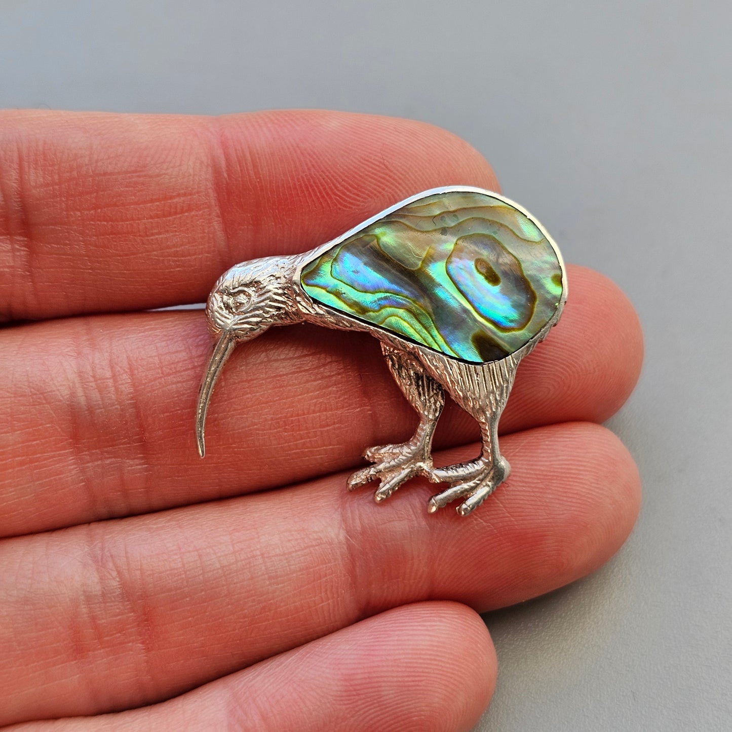 Vintage Silver & Paua Abalone Kiwi Bird Brooch