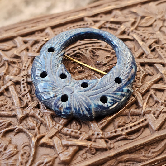 Vintage Blue Carved Early Plastic Wreath Brooch