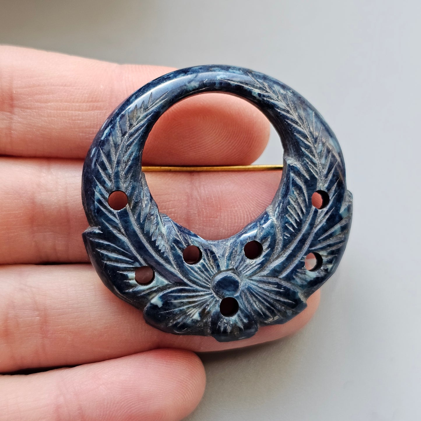 Vintage Blue Carved Early Plastic Wreath Brooch