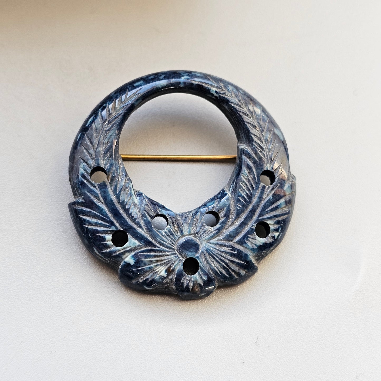 Vintage Blue Carved Early Plastic Wreath Brooch