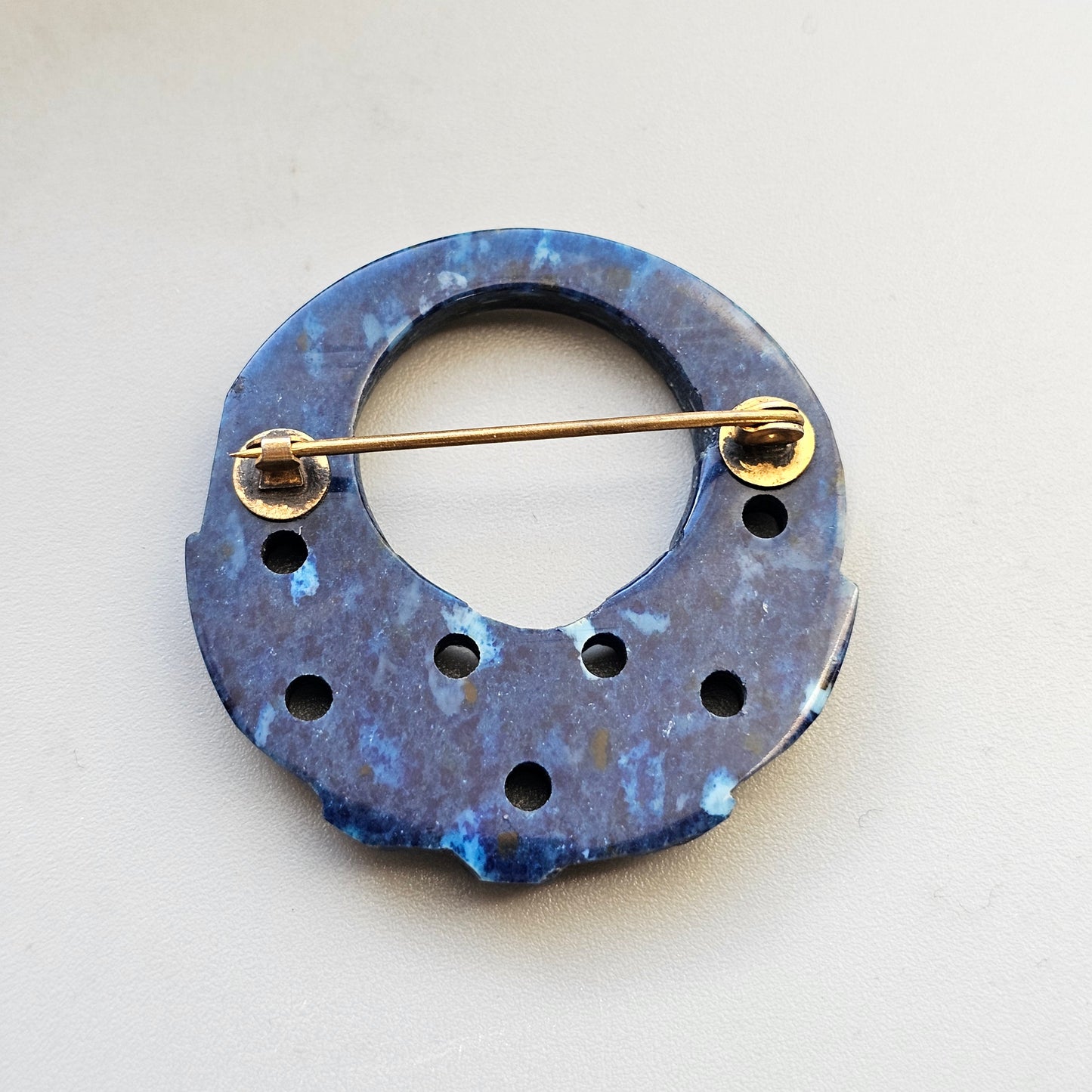 Vintage Blue Carved Early Plastic Wreath Brooch