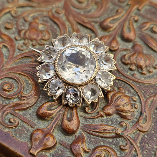 Antique Silver Plated & Crystal Glass Flower Brooch