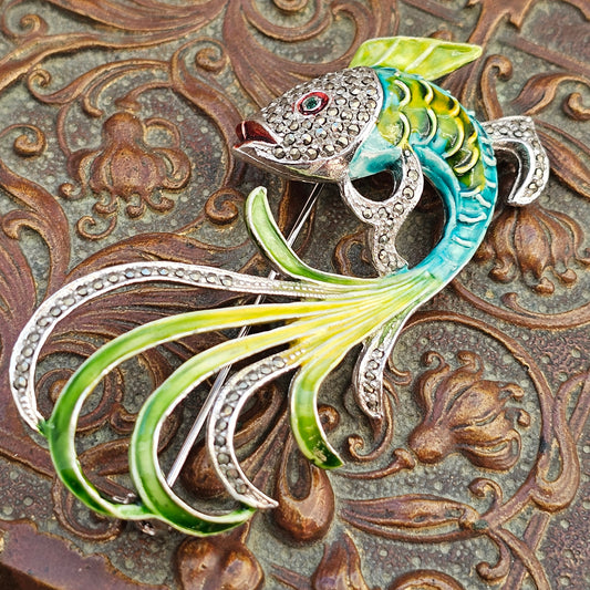 Vintage 1950s 60s Marcasite & Enamel Fish Costume Brooch