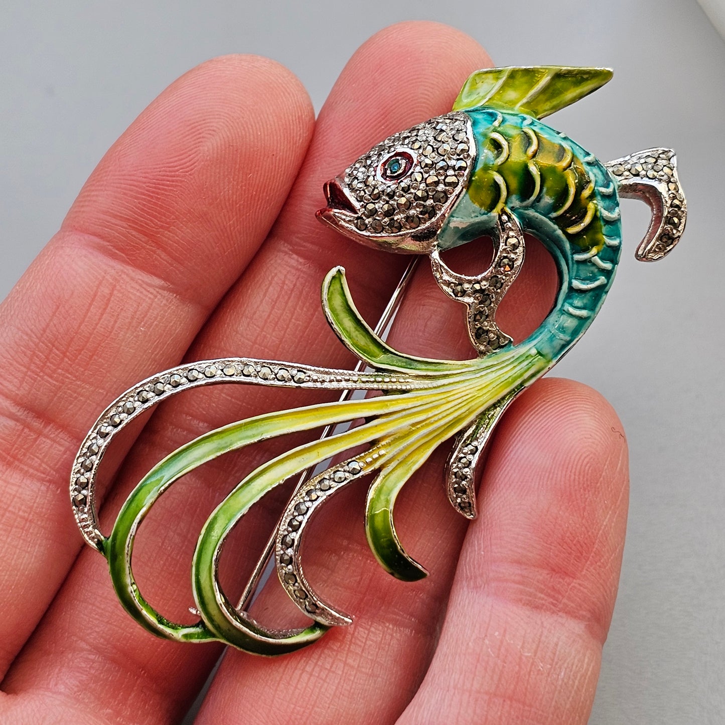 Vintage 1950s 60s Marcasite & Enamel Fish Costume Brooch