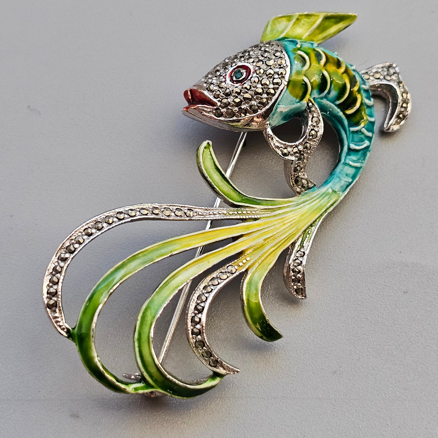 Vintage 1950s 60s Marcasite & Enamel Fish Costume Brooch