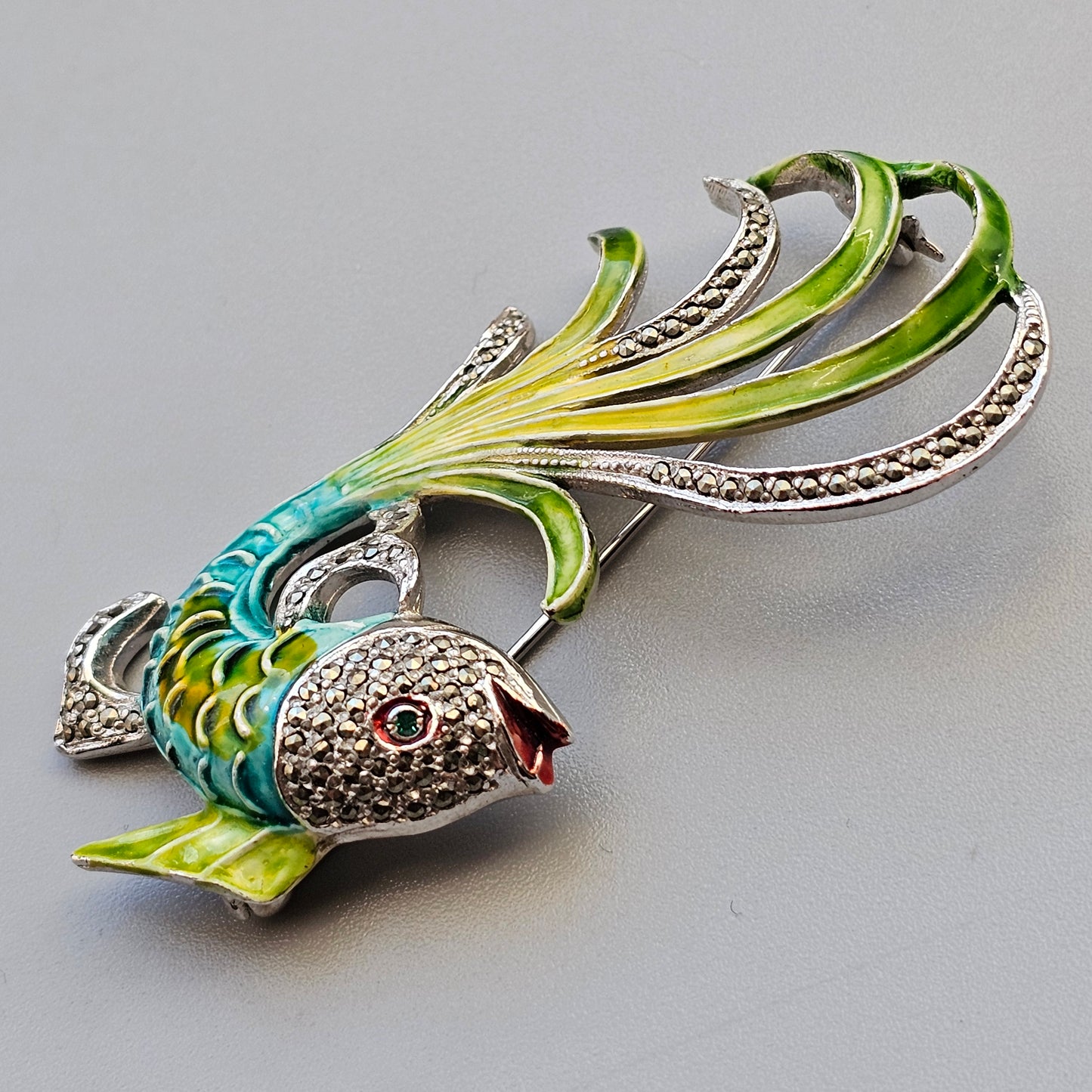 Vintage 1950s 60s Marcasite & Enamel Fish Costume Brooch