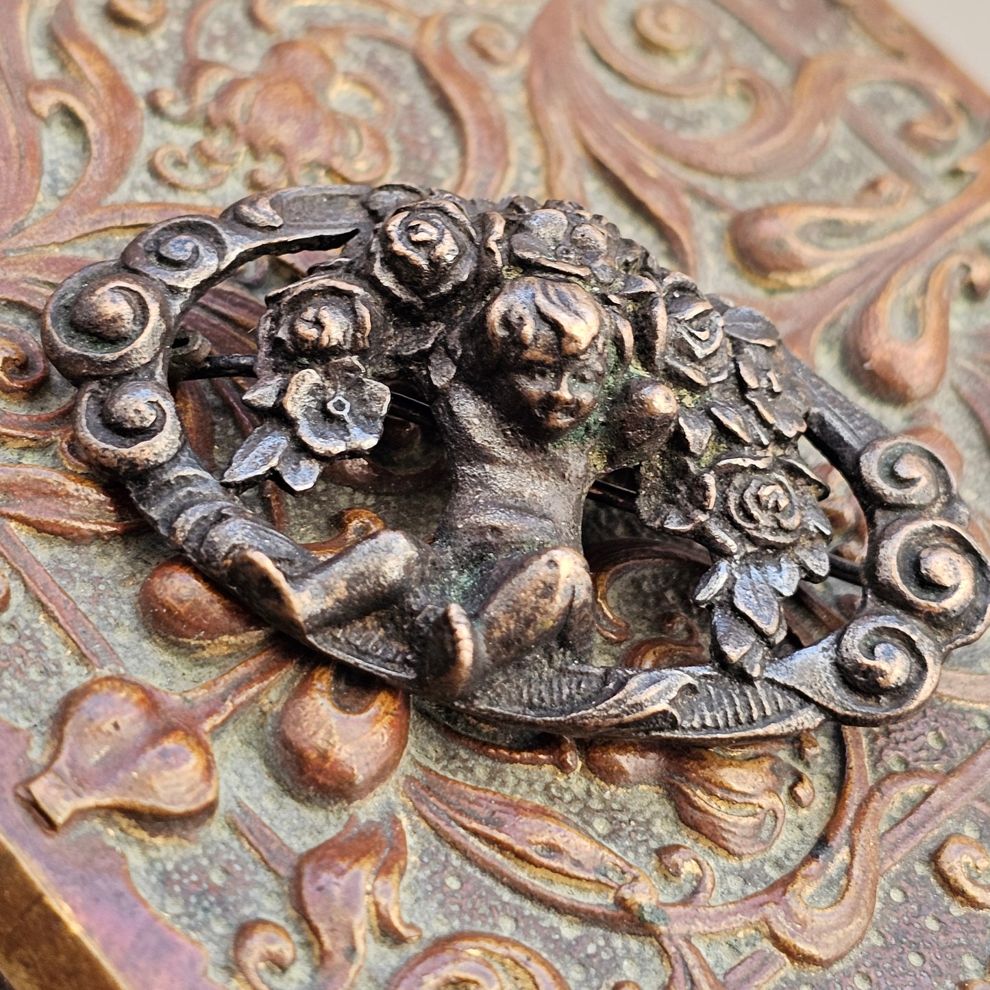 Antique Art Nouveau Era Cupid Cherub Bronze Metal Brooch