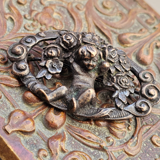 Antique Art Nouveau Era Cupid Cherub Bronze Metal Brooch