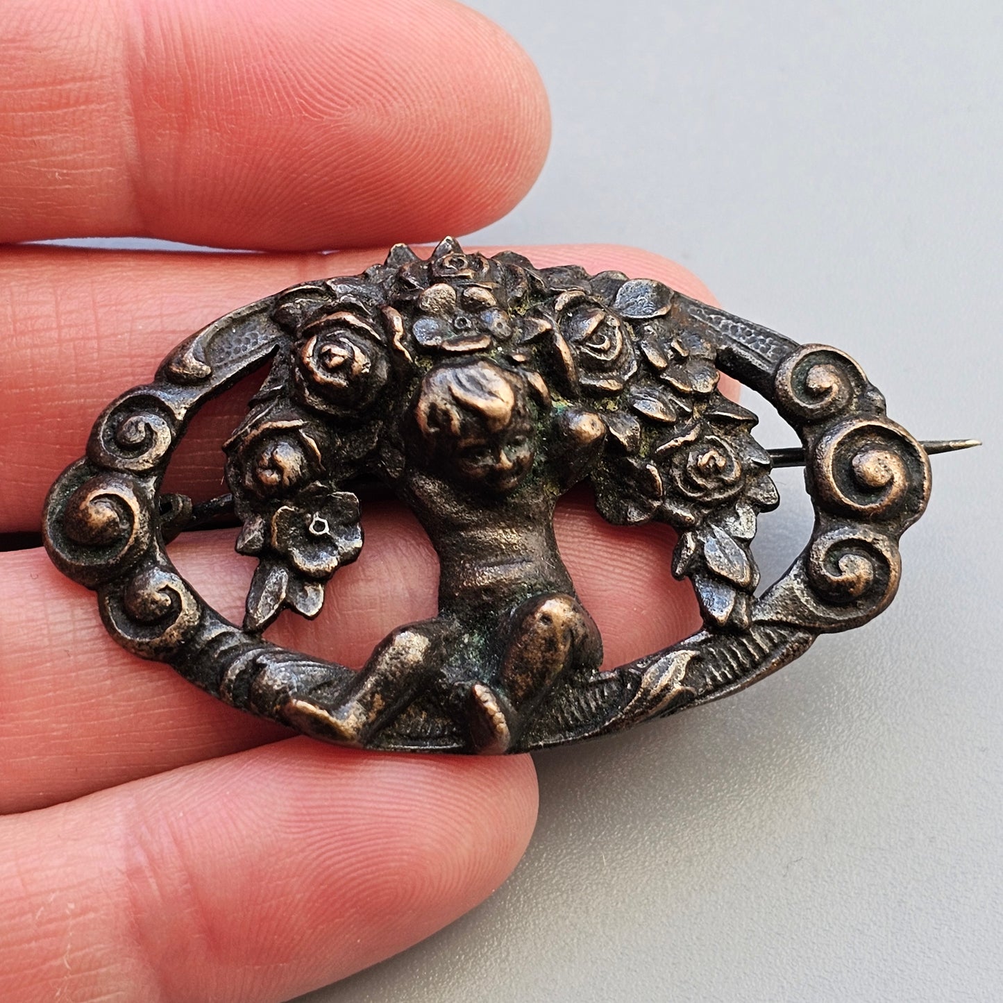 Antique Art Nouveau Era Cupid Cherub Bronze Metal Brooch