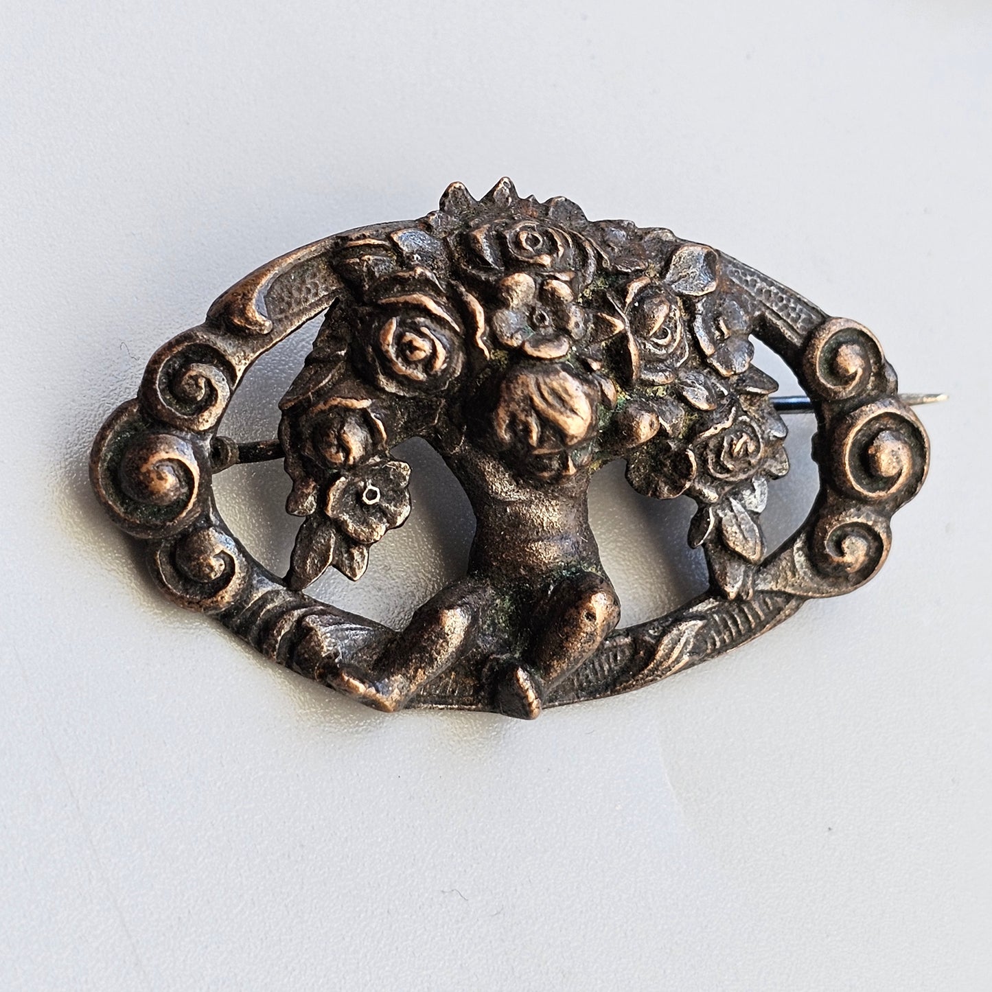 Antique Art Nouveau Era Cupid Cherub Bronze Metal Brooch
