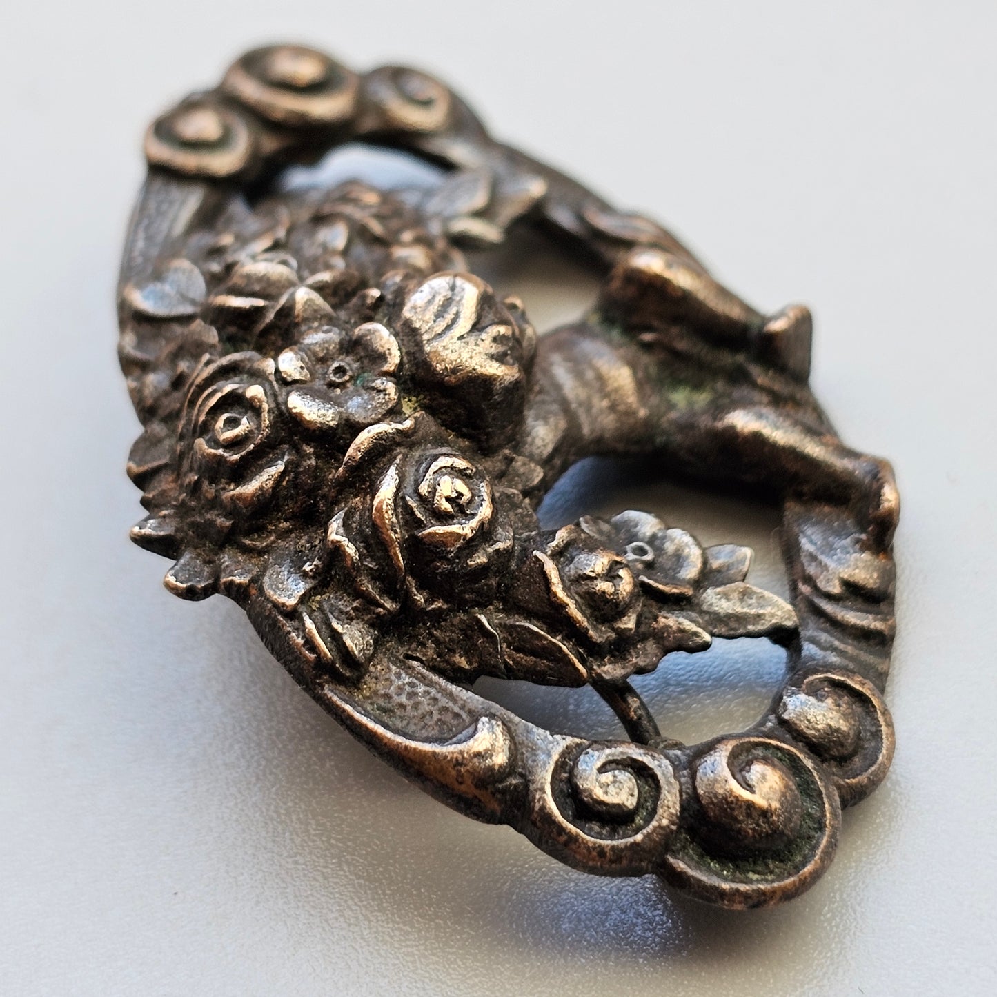 Antique Art Nouveau Era Cupid Cherub Bronze Metal Brooch