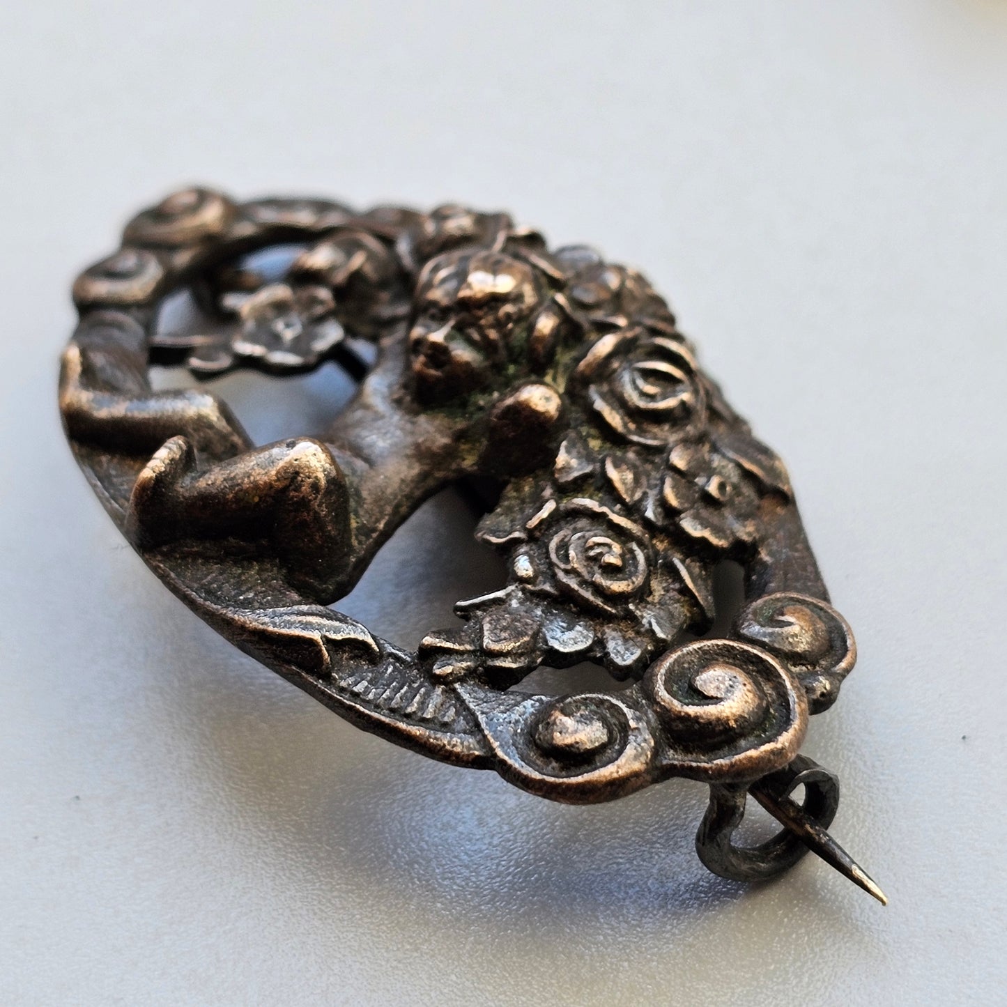 Antique Art Nouveau Era Cupid Cherub Bronze Metal Brooch