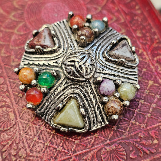 Scottish Celtic Style Brooch with multi-coloured Glass Stones