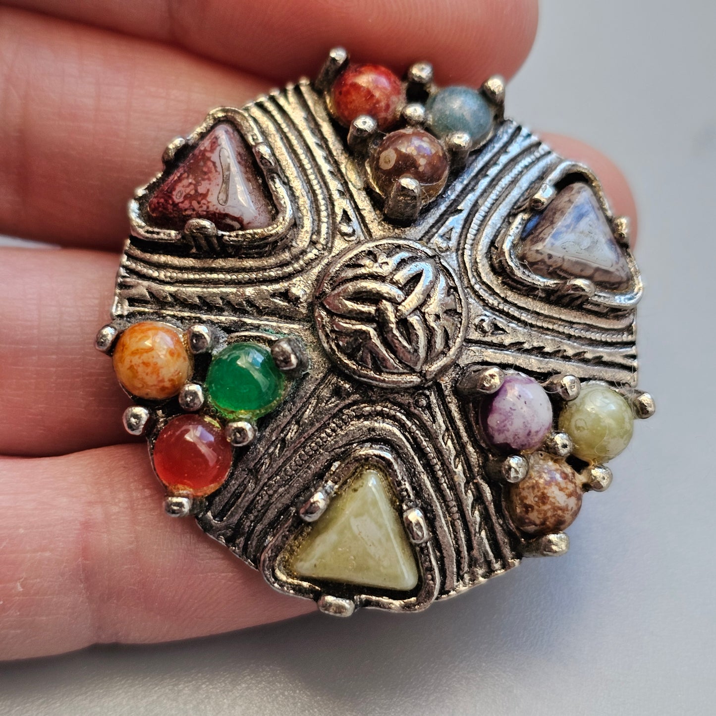 Scottish Celtic Style Brooch with multi-coloured Glass Stones
