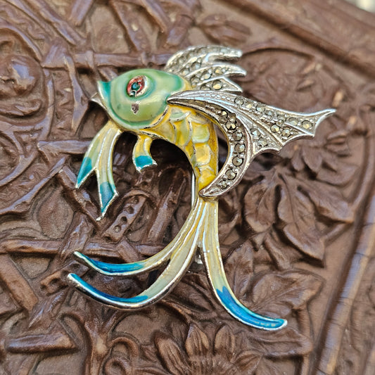 Small Vintage 1950s 60s Marcasite & Enamel Fish Costume Brooch