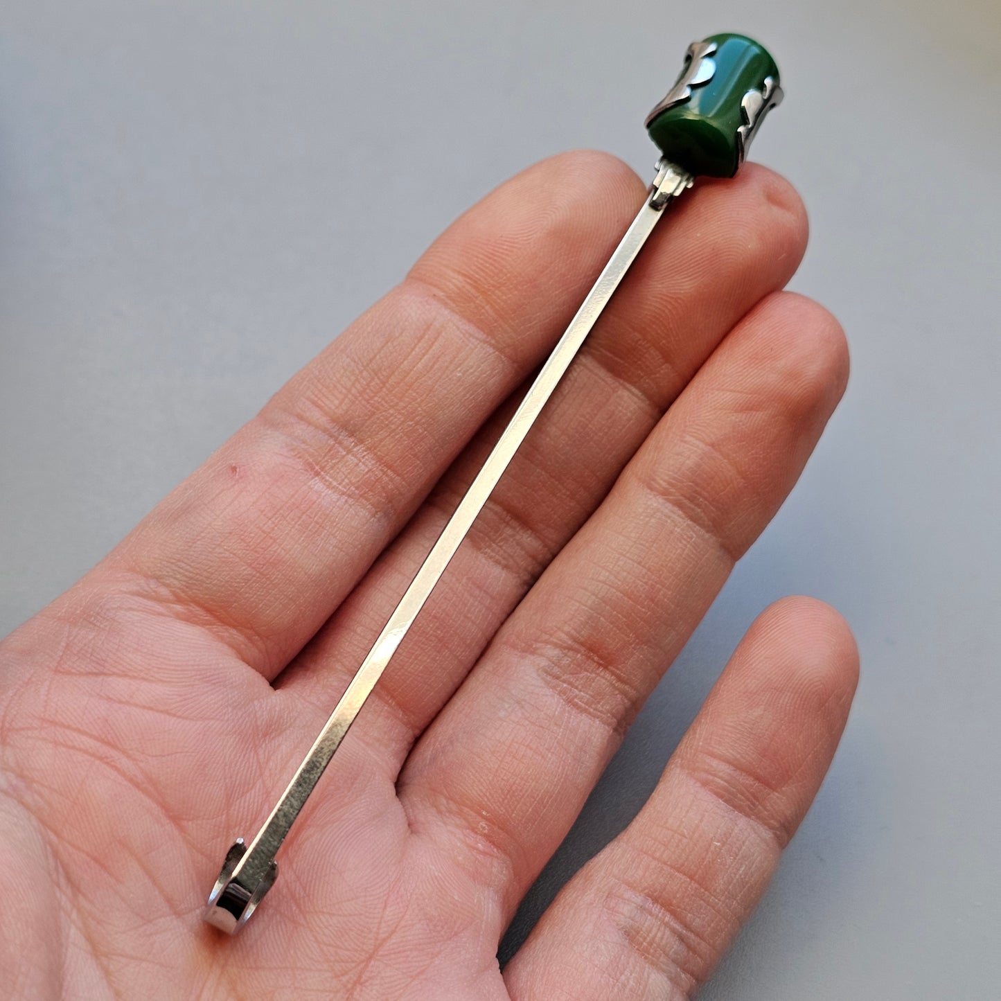 Vintage Machine Age Art Deco era Chromed Bar Brooch Green