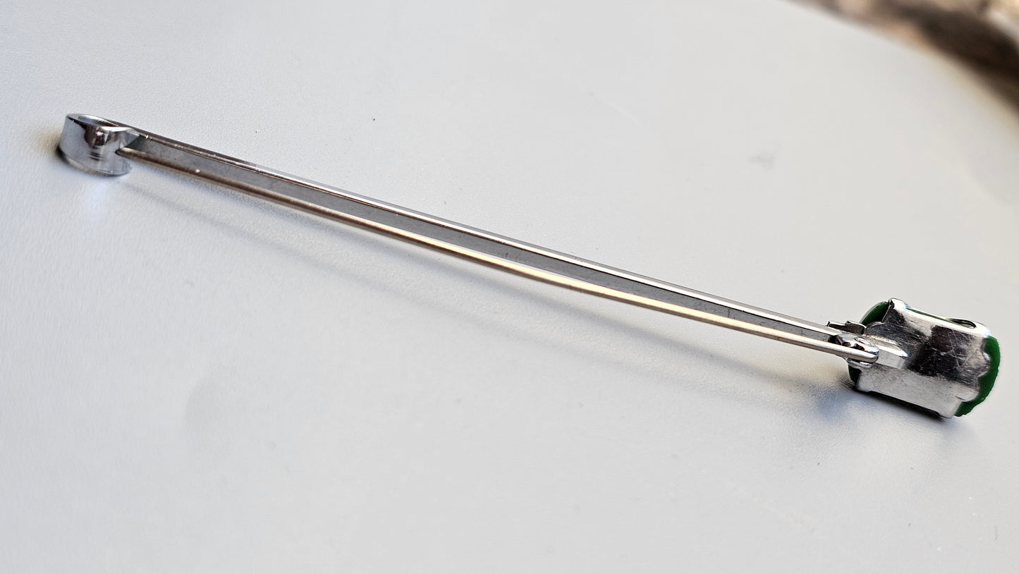 Vintage Machine Age Art Deco era Chromed Bar Brooch Green