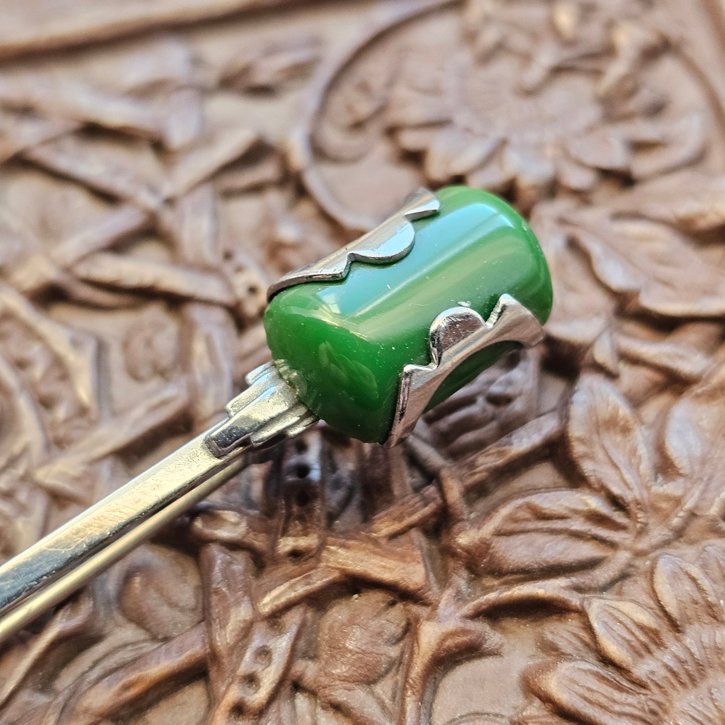 Vintage Machine Age Art Deco era Chromed Bar Brooch Green