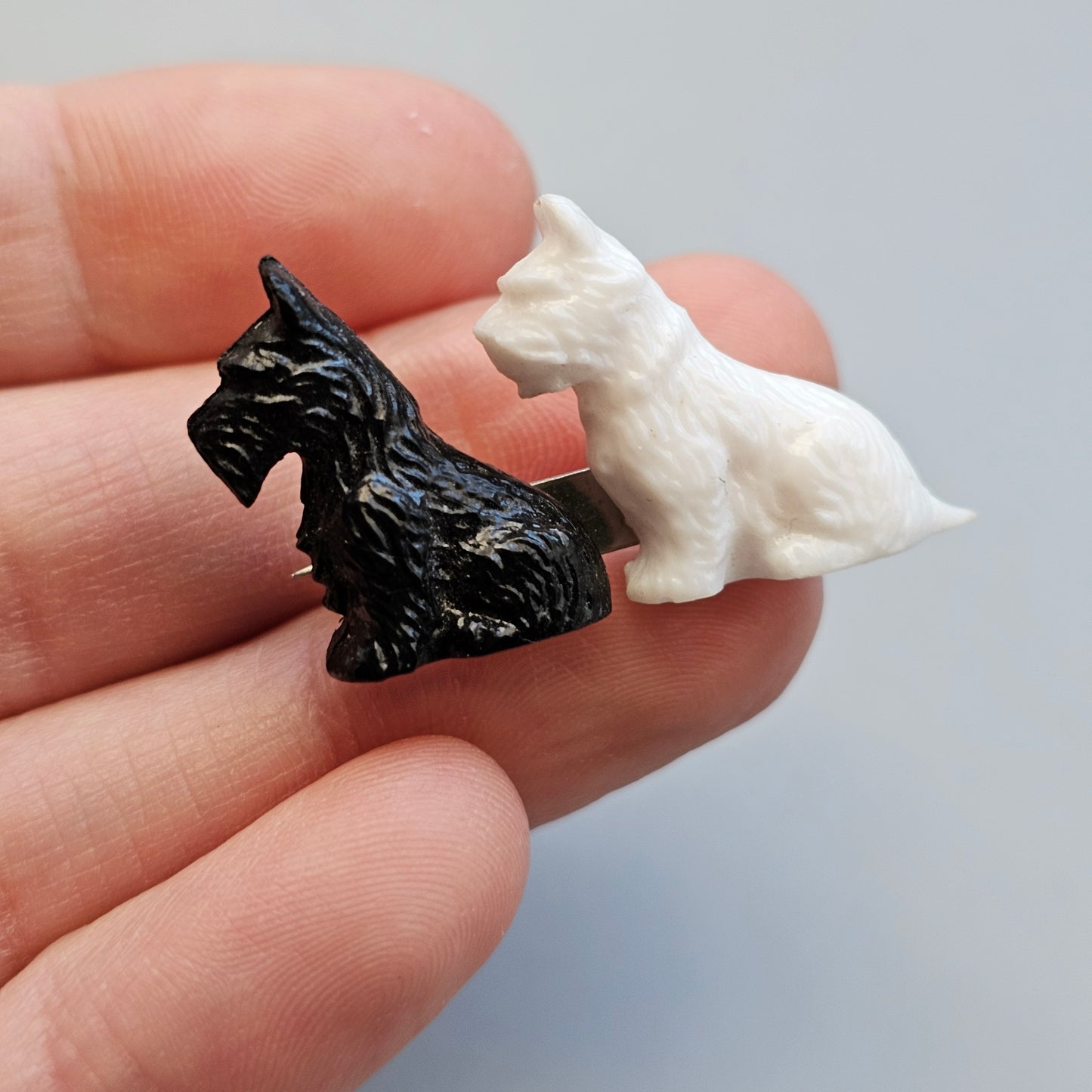 Vintage Plastic Black & White Scottish Terrier West Highland Terrier Brooch