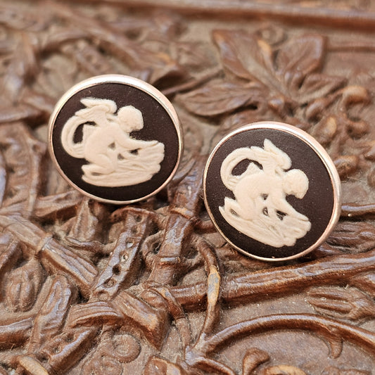 Vintage Wedgwood Black Jasperware Sterling Silver Cherub Stud Earrings