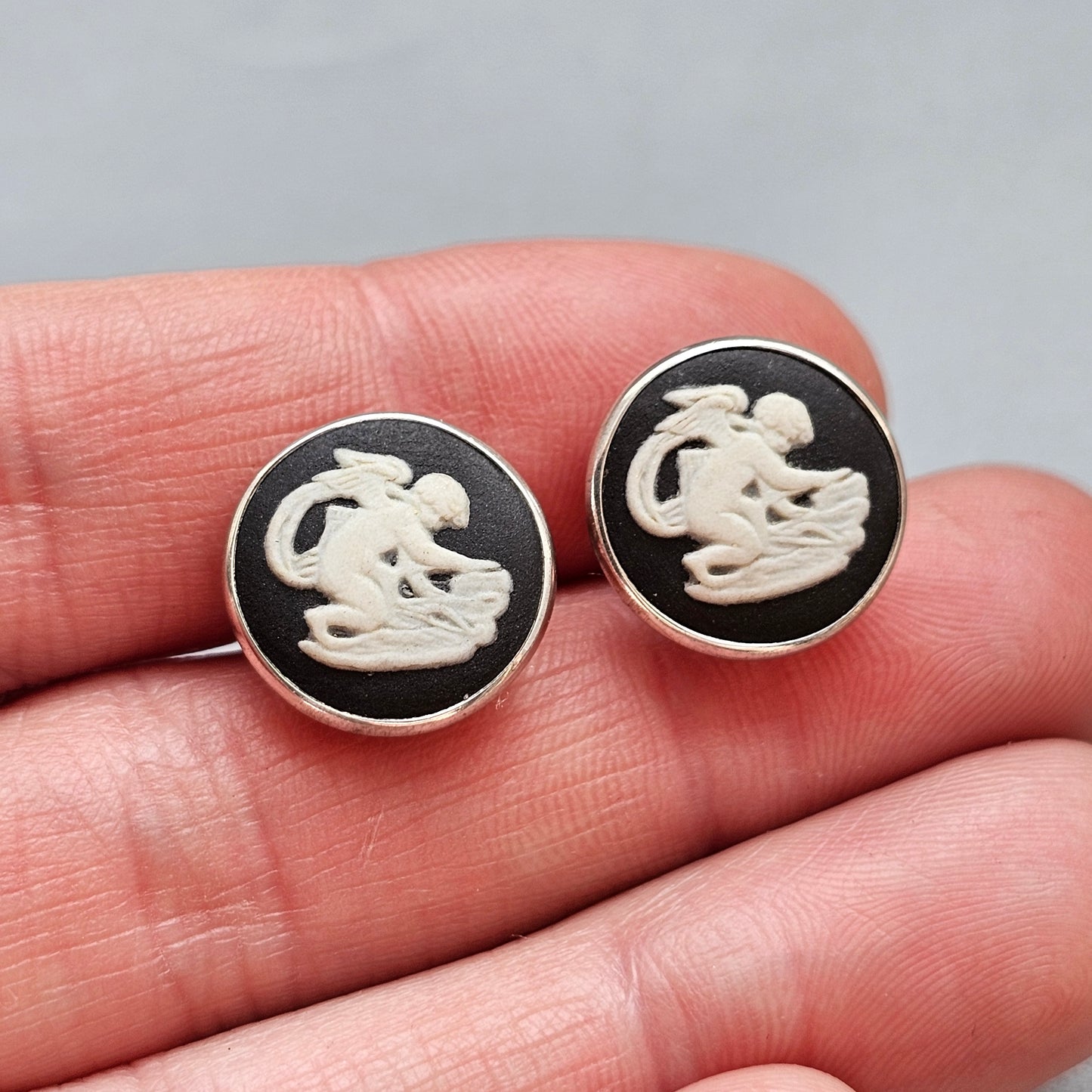 Vintage Wedgwood Black Jasperware Sterling Silver Cherub Stud Earrings