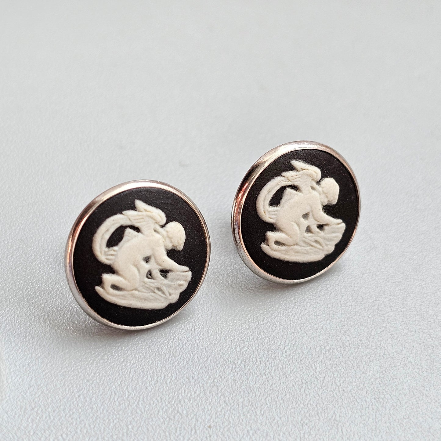 Vintage Wedgwood Black Jasperware Sterling Silver Cherub Stud Earrings
